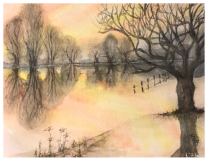Aquarell einer überfluteten Fläche in der Abenddämmerung, auf der Weiden und andere kahle Bäume stehen, die sich im Wasser spiegeln