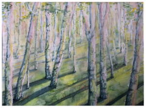 Aquarell eines lichtdurchfluteten Birkenwaldes in grün und rosa Tönen gehalten