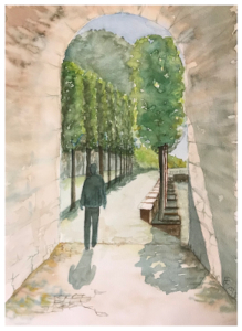 Ansicht aus dem Durchgang unter einer Brücke, der Weserbrücke, hindurch mit Blick auf die Allee am Weserufer; am linken Bildrand ist ein Mann, der durch die Unterführung hindurch geht.