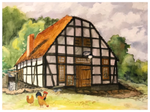 Aquarell eines Fachwerkhauses mit drei Hühnern im Vordergrund