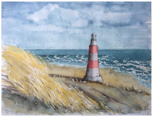 Aquarell eines rot-weißen Leuchtturms an der Nordsee mit Dünen im Vordergrund