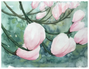 Aquarell von geschlossenen Orchideenblüten eines Orchideenbaums