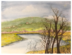 Aquarell des Blicks auf das Wesergebirge und auf die Paschenburg und die darunter liegende Schaumburg