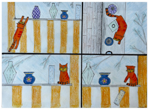 Comic in vier Bildern über eine kastig gezeichnete Katze (Square Cat): Auf dem ersten Bild springt die Katze auf eine Fensterbank. Auf dem zweiten Bild schlängelt sich
          die Katze durch die Vasen, die auf der Fensterbank platziert sind. Auf dem dritten Bild sitzt sie auf der Fensterbank neben einer Vase und schaut grimmig. Auf dem vierten Bild schaut sie mit noch ausgestreckter Tatze der fallenden Vase hinterher