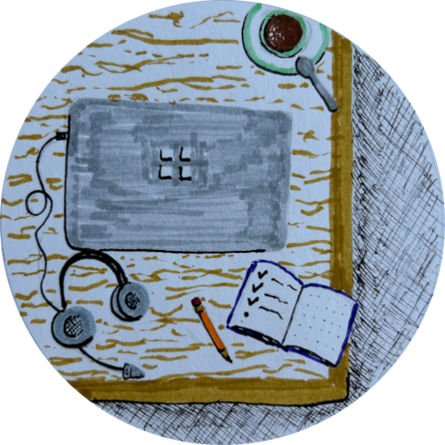 Illustration eines Schreibtischs von oben, auf dem ein 
          Laptop, ein Headset und eine Kaffeetasse abgebildet sind