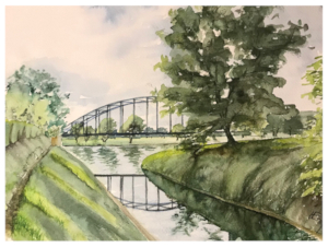 Aquarell des Blicks vom alten Weserhafen aus auf die Weserbrücke