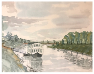 Aquarell des Weserhafens, an dem ein Flusskreuzfahrtschiff angelegt hat