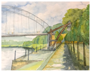 Aquarell des alten Weserkrans mit Blick auf die Weserbrücke