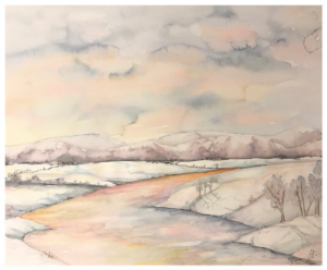 Aquarell einer Flusslandschaft im Winter in zarten Eisblau- und Rosatönen gehalten